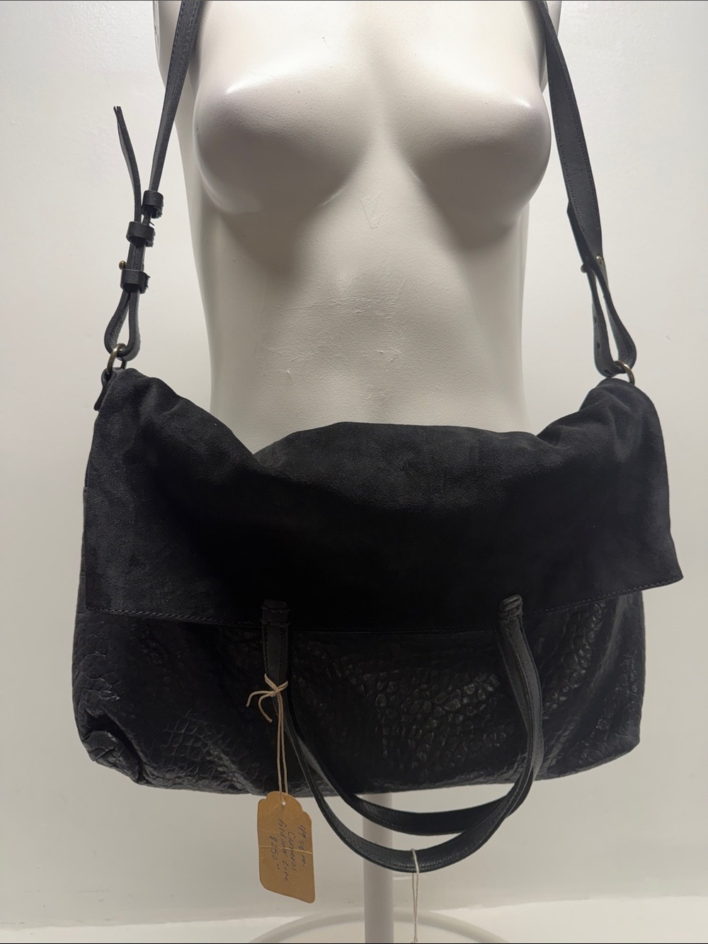 49 Square Miles Fold Over Leather Suede Crossbody Tote Purse Bag Black New - Picture 3 of 12